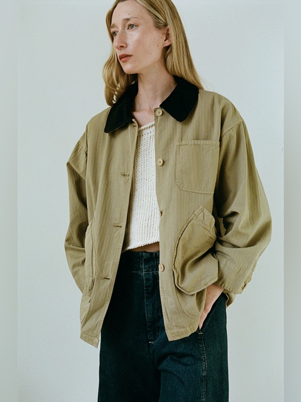 Shaina Mote Painter Coat Ecru Herringbone Cotton Barn Jacket Size Small - Picture 3 of 11